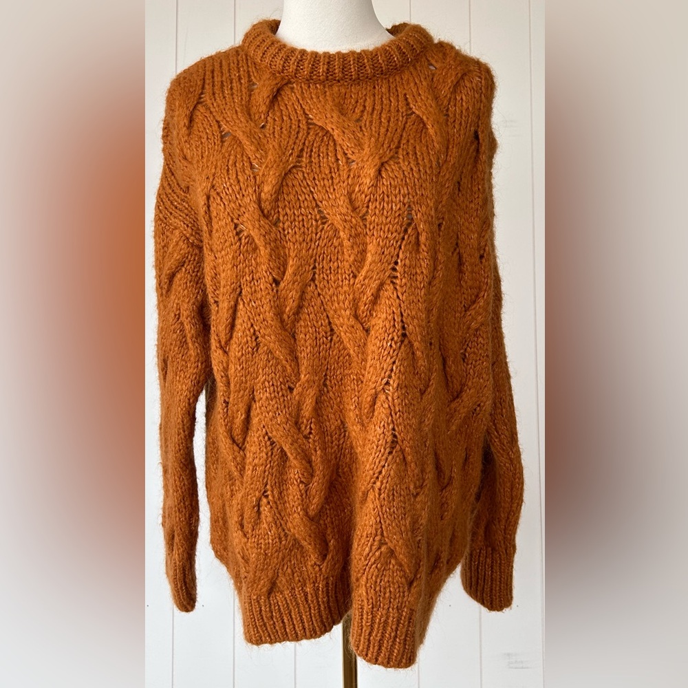 Zara Knit Wool & Mohair‎ Blend Cable Knit Chunky Sweater Rust Size Small